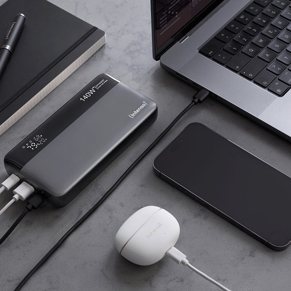 Powerbank Intenso HE25000 7350060, 25000 mAh, USB-C Ladekabel, 140 Watt,
grau/schwarz