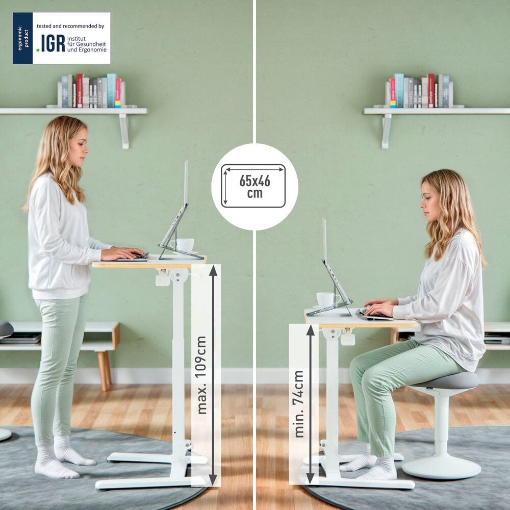 Klapptisch Leitz Ergo Compact Workstation Pro 65880001, 65x46cm (BxT), vollständig zusammenklappbar, höhenverstellbar per Luftdruck, 74-109cm Höhe, rechteckig, C-Fuß, weiß, weiß