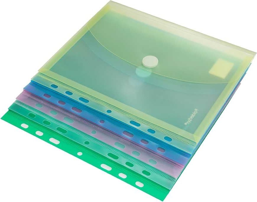 Dokumententaschen Foldersys A5 40159-94, Abheftrand, Klettverschluss, 20mm Dehnfalte, farbig sortiert, transluzent, Pack 10 Stück, sortiert