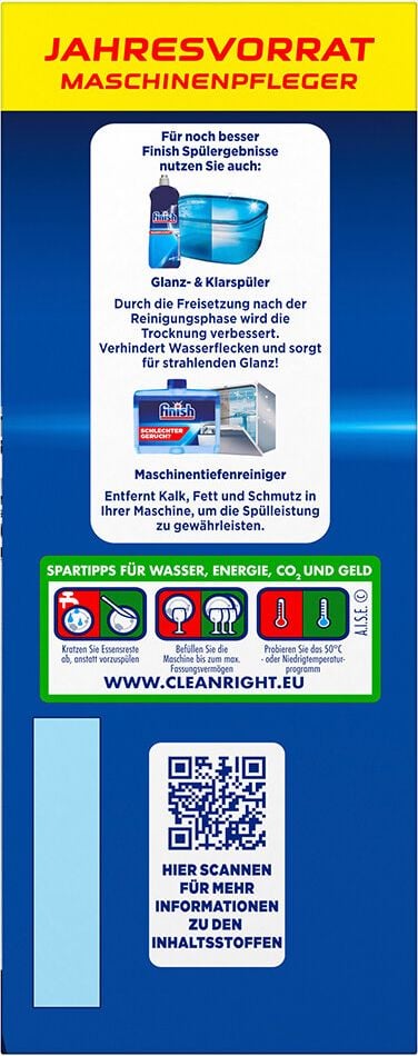 Spülmaschinenreiniger finish Maschinenpfleger Jahressvorrat, Pack 12 Tabs, ohne extra Spülgang