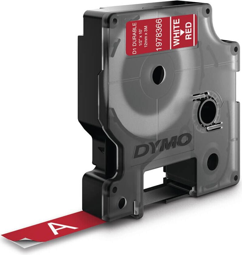 Schriftbänder Dymo D1 1978366, weiß auf rot, 12mm/3m, Vinylband