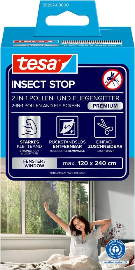 Pollenschutzgitter Tesa 55297-00000-03, 1,2 m x 2,4 m, für Fenster, Klettbandbefestigung, anthrazit, anthrazit