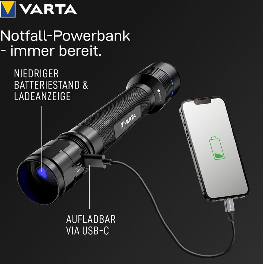 Taschenlampe Varta Night Cutter Pro F40R 18922101111, LED, 2000 Lumen, 350m Leuchtweite, 5 Leuchtstufen, USB-C Anschluss, inkl. Li-Ion Akku, schwarz