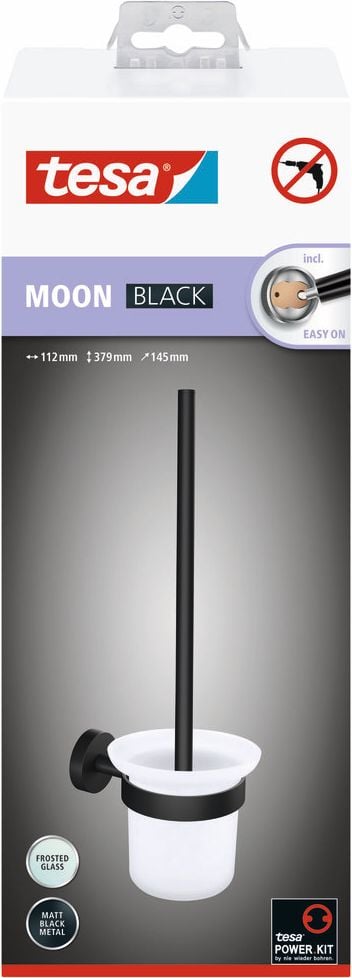 WC-Bürstengarnitur Tesa MOON BLACK 40561-00000-00, Toilettenbürste mit Halterung und Glasbehälter, ohne Bohren, mattschwarz pulverbeschichtetes Metall/satiniertes Glas, schwarz