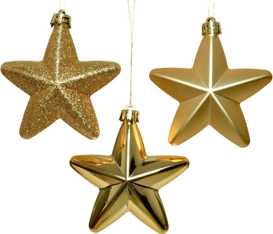 Weihnachtskugeln DECORIS Stern, 7,5x7,5x2cm (BxHxT), Polystyrol, Pack 6 Stück, gold