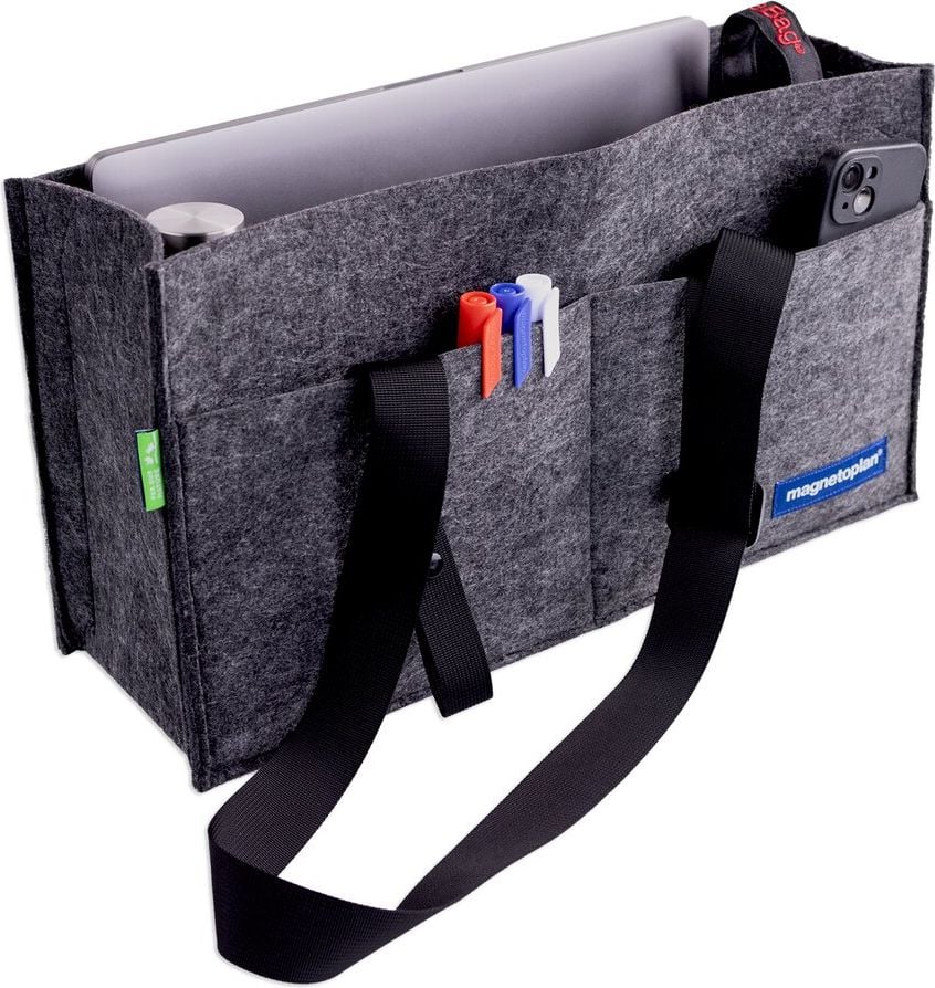Aufbewahrungstasche Magnetoplan Hot Desking Bag, 45x25x15cm, 100% recycelter Polyester-Filz, 2
große Einsteckfächer, 7 separate Fächer, grau