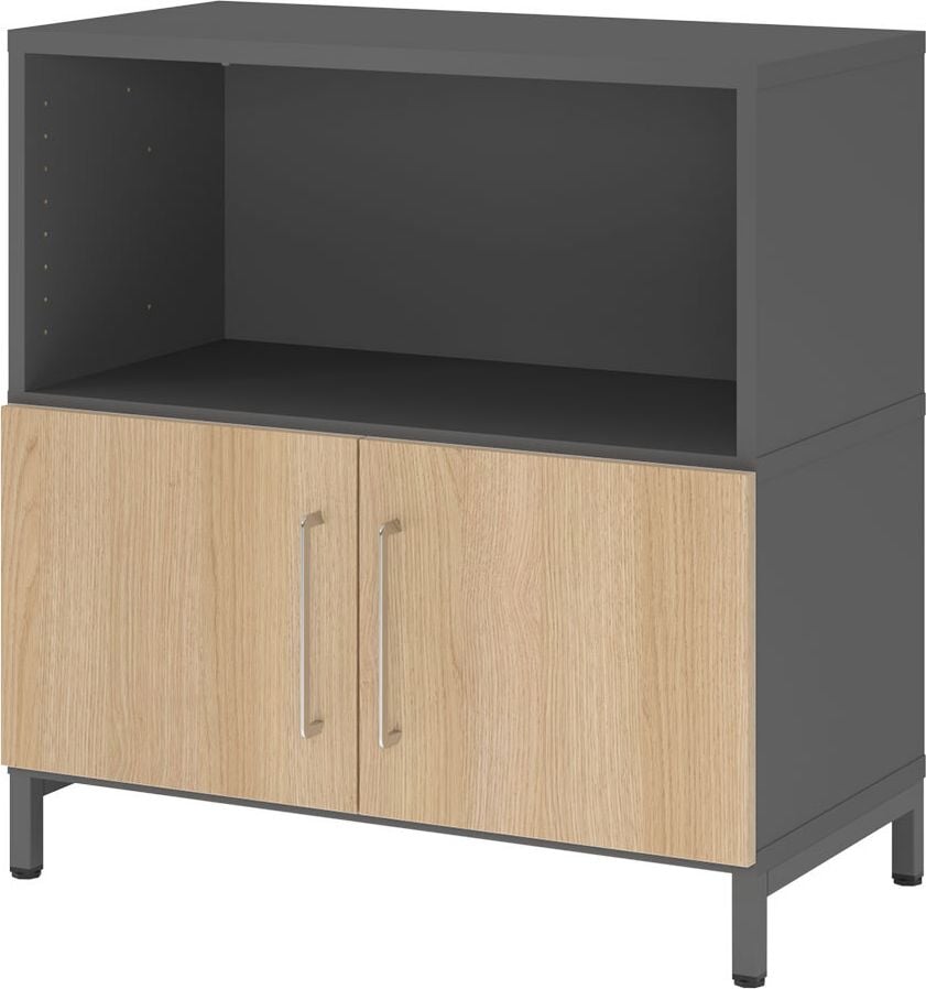 Regal Hammerbacher VFW28T1KU/G mit Türen, Threespine-Klicksystem, 80 x 41,7 x 82,8 cm
(B x T x H), mit Stahlsockel, 2 Ordnerhöhen,
Korpus: graphit, eiche