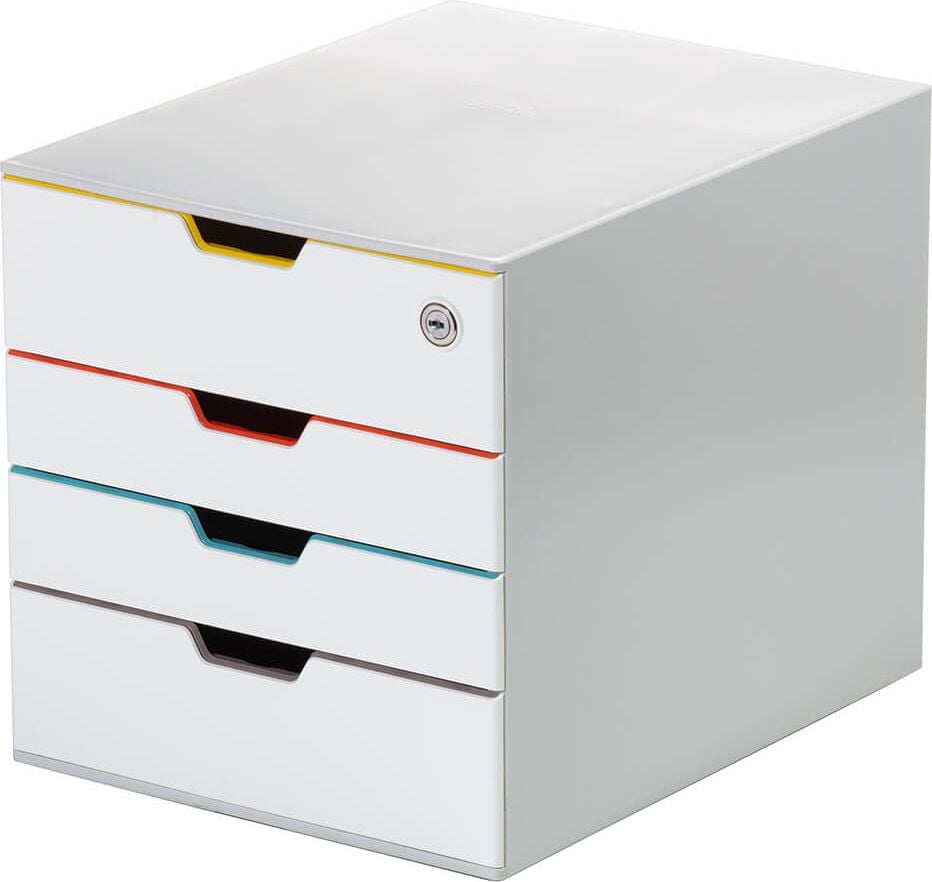 Schubladenbox Durable Varicolor Mix 4 Safe 762627, für A4, 4 geschlossene Schubladen, 1 Schublade abschließbar, ABS, Korpus grau, abgesetzte Farblinien