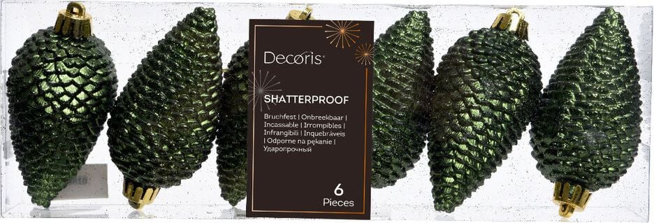 Weihnachtskugeln DECORIS Zapfen, 4,5x8cm (DxH) Polystyrol, Pack 6 Stück, dunkelgrün
