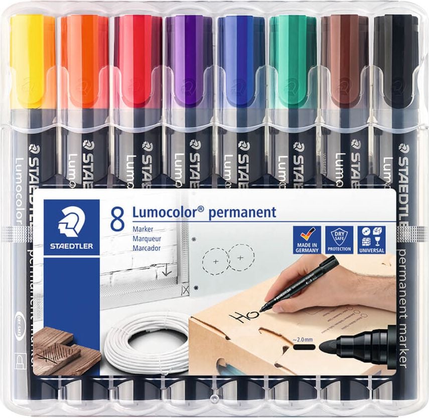 Permanentmarker Staedtler Lumocolor permanent marker 352 WP8, ca. 2mm, Rundspitze, Etui mit 8 Farben