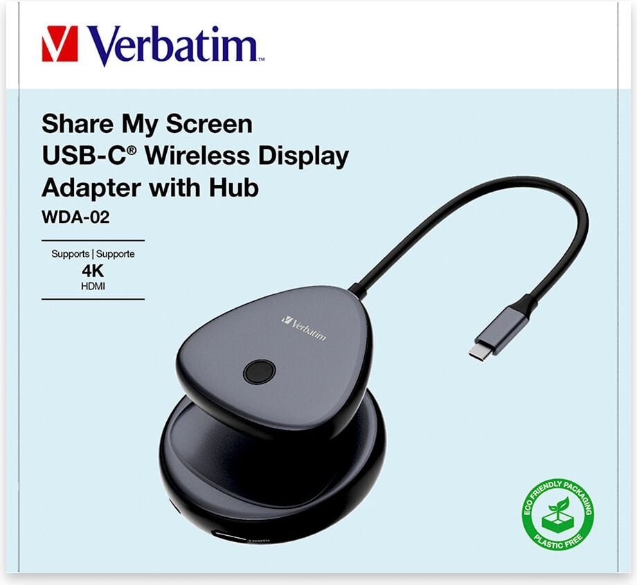 Monitoradapter Verbatim Share My Screen WDA-02 32147, USB-C / HDMI, Hub mit 1x USB-A,4K Ultra HD, Wireless Video-Übertragung zu Display, 10m Reichweite
