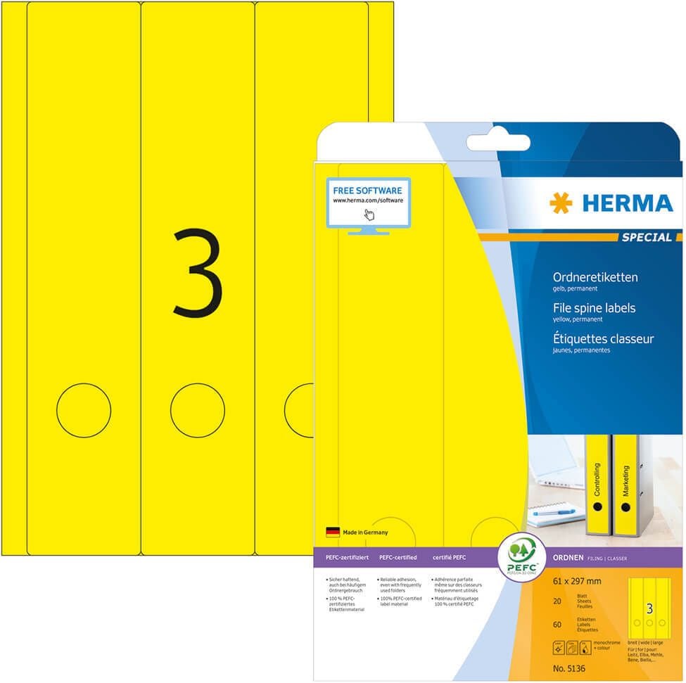 Rückenschilder Herma 5136, breit/lang, 297x61mm, auf A4, gelb, Pack 20
Blatt/60 Stück