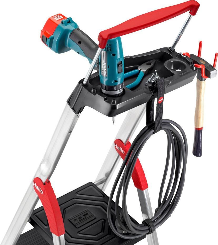 Stehleiter Hailo TopLine L100 8050-807, Sicherheits-Stufenstehleiter, 8 Stufen, belastbar bis 150 kg, Multifunktions-Ablage, Eimerschlaufe, Sicherheits-Haltebügel