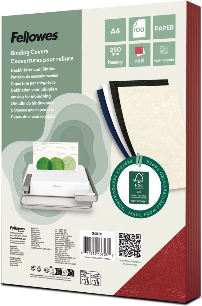 Binde-Deckblätter Fellowes Leder 5370305, A4, 250 g/m², rot, Pack 100 Stück