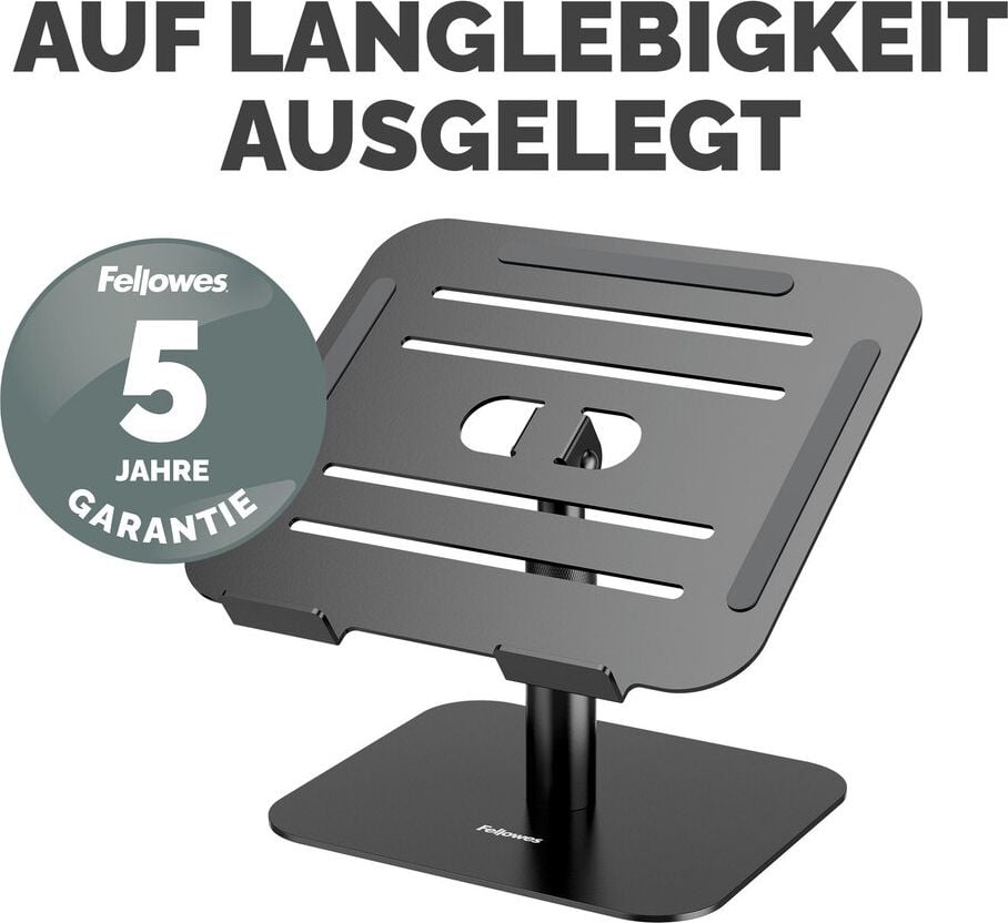Notebookständer Fellowes Alumia, bis 15 Zoll Notebooks, 15-30cm höhenverstellbar,
neigungsverstellbare Plattform, 96% recyceltes Material, Aluminium, schwarz
