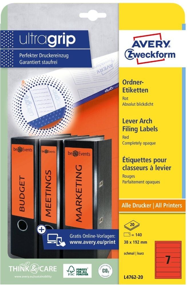Rückenschilder Zweckform L4762-20 ultragrip, schmal/kurz, 192x38mm, auf A4, rot, Pack 20
Blatt/140 Stück