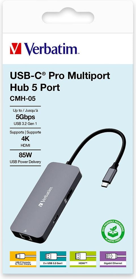 USB-Hub Verbatim Pro Multiport CMH-05 32150, USB 3.2 Gen1, 5 Ports, 1x HDMI, 1x RJ45 Ethernet, 2x USB-A 3.0, 1x USB-C PD, anthrazit