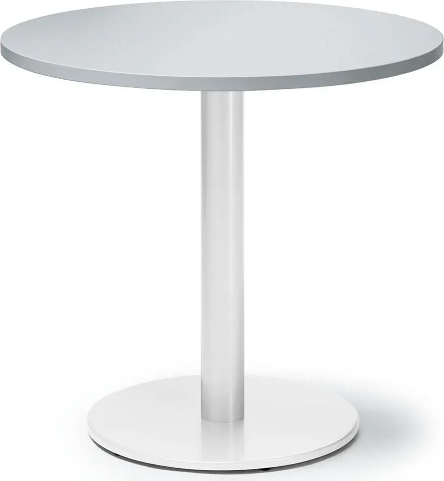 Besprechungstisch Deskin MODUL, 80cm Durchmesser, 73,5cm Höhe, Tellerfuß, Gestell Weiß RAL 9006, 25kg, grau