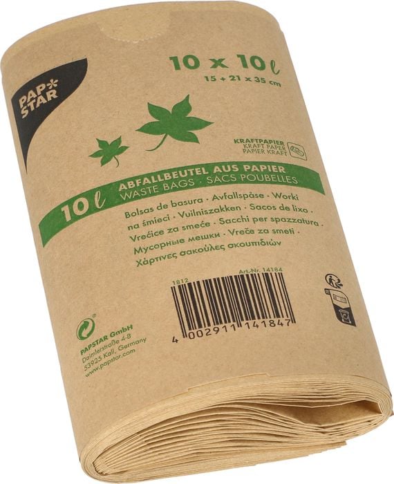 Abfallbeutel Papstar 14184 Kraftpapier 10 Liter, 35x21x15cm, Kraftpapier 70 g/m², 10 Liter, braun, Pack 10 Stück
