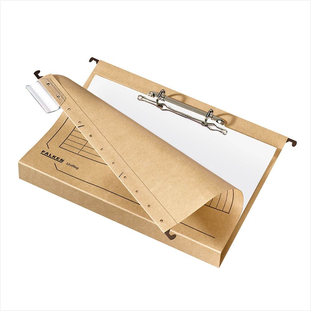 Hängesammler Falken UniReg 11288156, 4,0cm Hartpappeboden, seitlich offen,
2-Ringmechanik, natronbraun, Pack 8 Stück