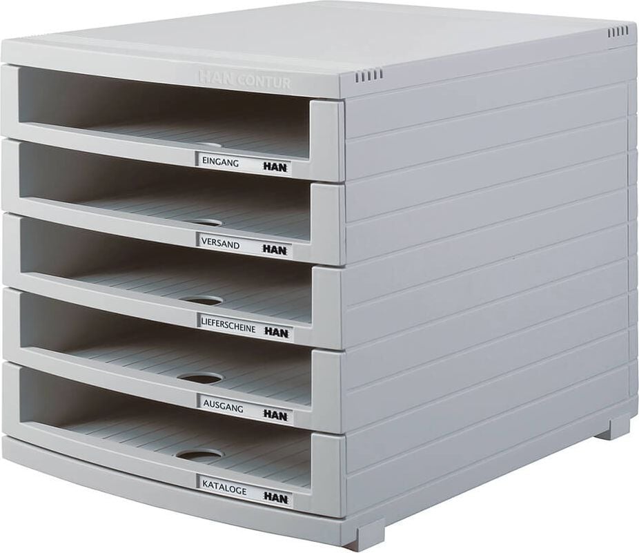 Schubladenbox HAN CONTUR 1505-0-11, für A4, 5 offene Schubladen, Polystyrol,
Gehäuse und Schubladen lichtgrau, hellgrau