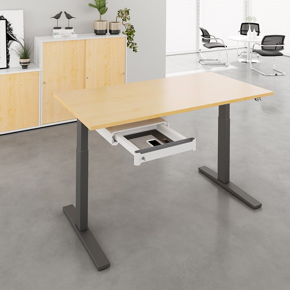 Hubschreibtisch Hammerbacher XMKA16, 160x80cm (BxT), 70-120cm Höhe, elektrisch
höhenverstellbar, rechteckig, C-Fuß graphit, ahorn