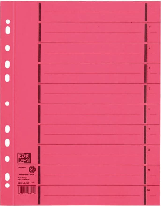 Trennblätter Oxford 06456, A4, gelocht, Manilakarton 250g/m²,
Pack 100 Stück, rot
