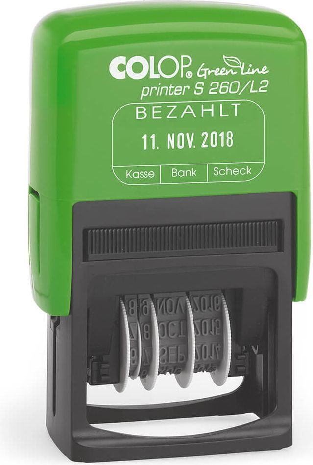 Datumstempel Colop S 260/L2 Green Line, Datum-/Textstempel: BEZAHLT und Datum,
Abdruck: 24 x 45mm