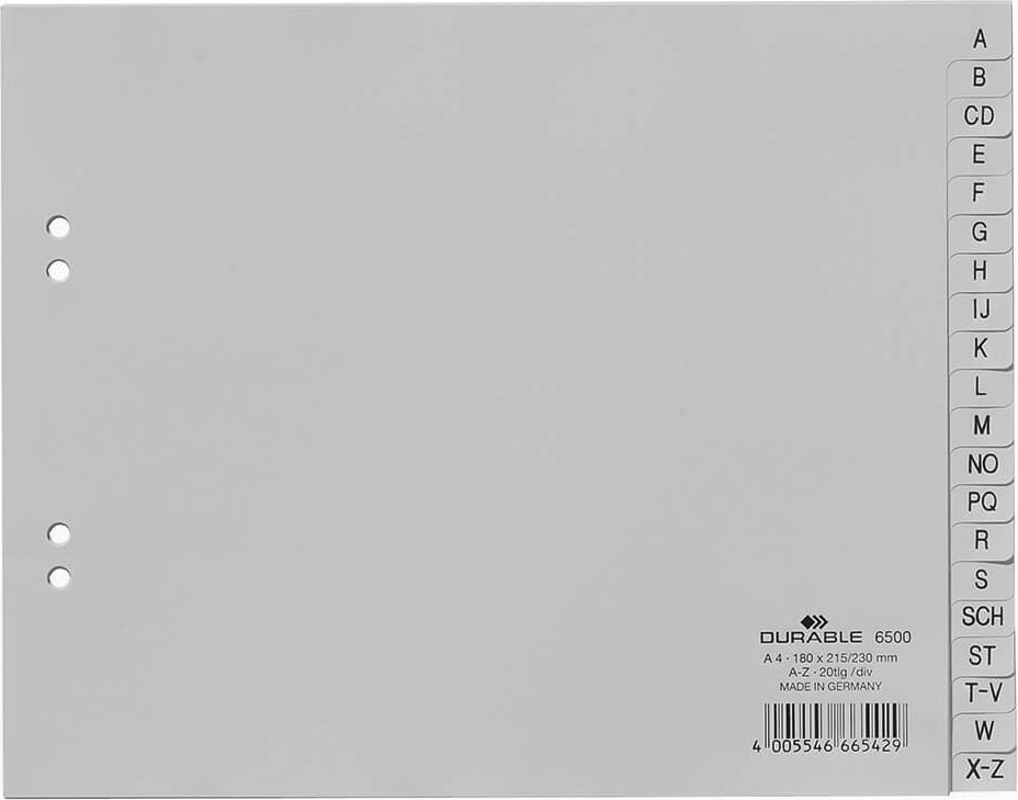 Kunststoffregister Durable A4 halbe Höhe A-Z 650010, A4 halbe Höhe, A-Z, 20-teilig, PP, grau, Pack
20 Stück
