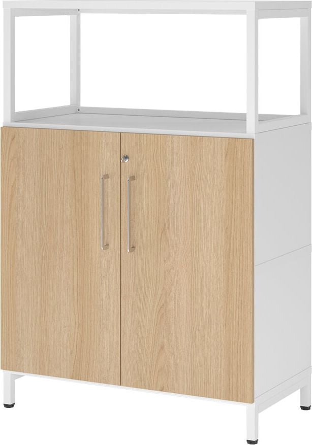 Regal Hammerbacher VFW38T2RU/W mit Türen, Threespine-Klicksystem, 80 x 41,7 x 118 cm (B
x T x H), mit Stahlsockel, 3 Ordnerhöhen,
Korpus: weiß, eiche