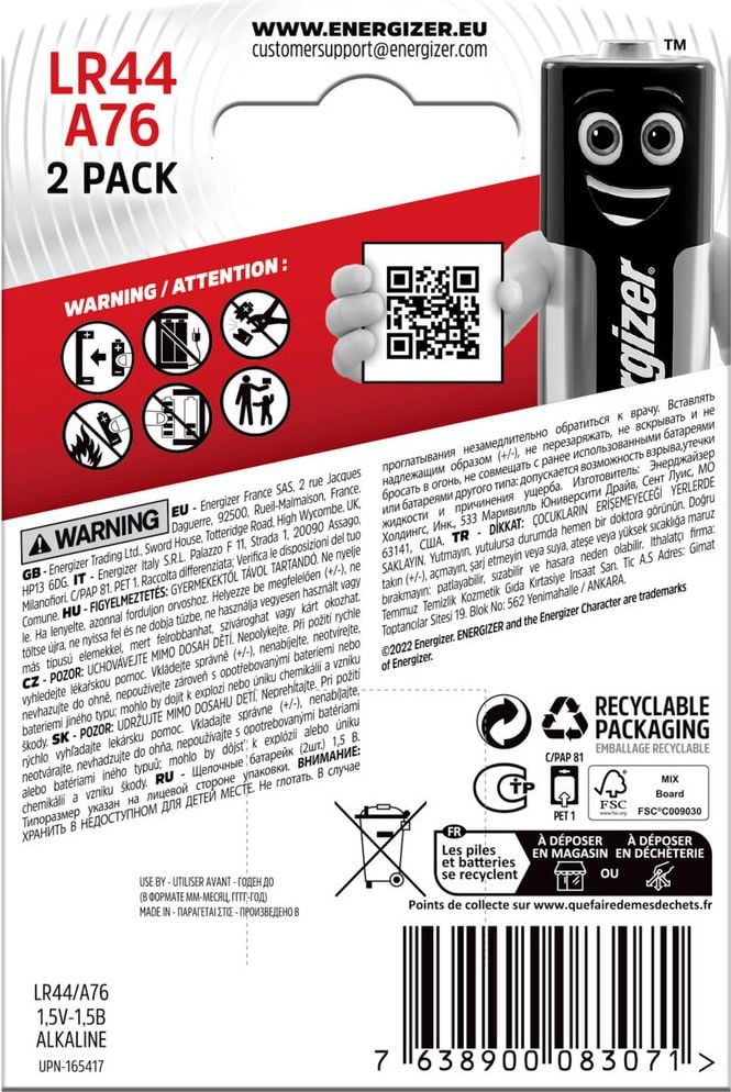 Knopfzellen Energizer Alkali Mangan LR44/A76, 1,5 Volt, frei von Quecksilberzusatz, Pack 2
Stück
