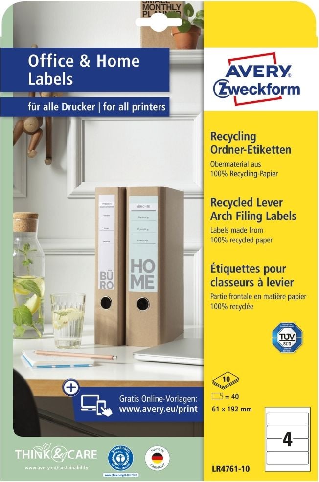Rückenschilder Zweckform LR4761-10 Recycling, breit/kurz, 192x61mm, auf A4, naturweiß, Pack 10 Blatt/40 Stück