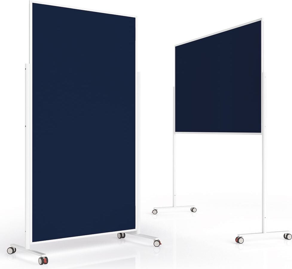 Moderationstafeln Magnetoplan Design VarioPin 11811, Tafel: 180x100cm, einteilig, pinnbarer Filz
farbig, Aluminumrahmen (weiß), Standfuß mit
Rollen, dunkelblau