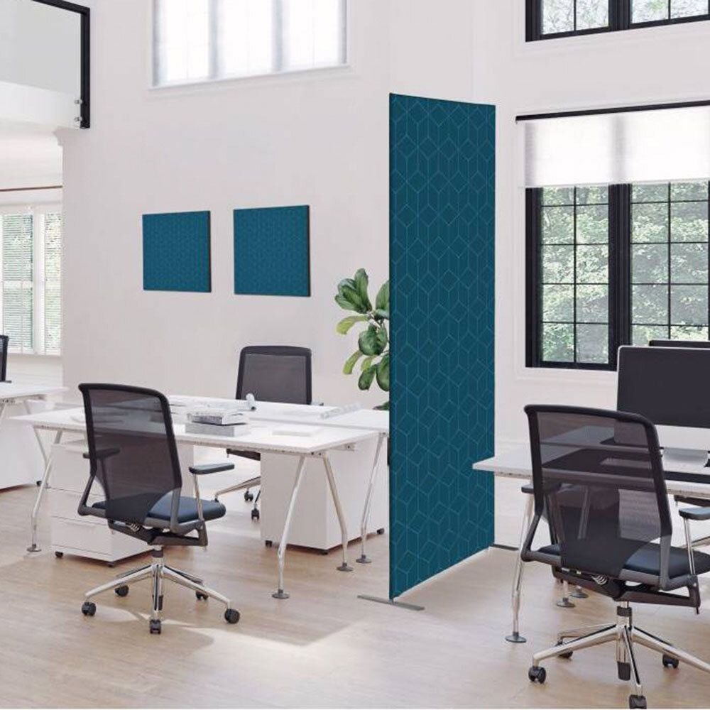 Stellwand Showdown Displays Raumteiler 100-200 Hexagon, 100x200cm, Zipper-Banner Slim mit beidseitigem Textildruckdesign, 100% Polyester, B1 feuerfest, Standfüße, blau
