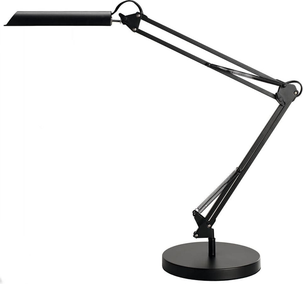 LED-Schreibtischleuchte Unilux SWINGO 400093838/400093839, 11 W, LED (warmweiß), 120lm, 3-stufig
dimmbar, Doppelgelenkarm, Standfuß und
Tischklemme, schwarz