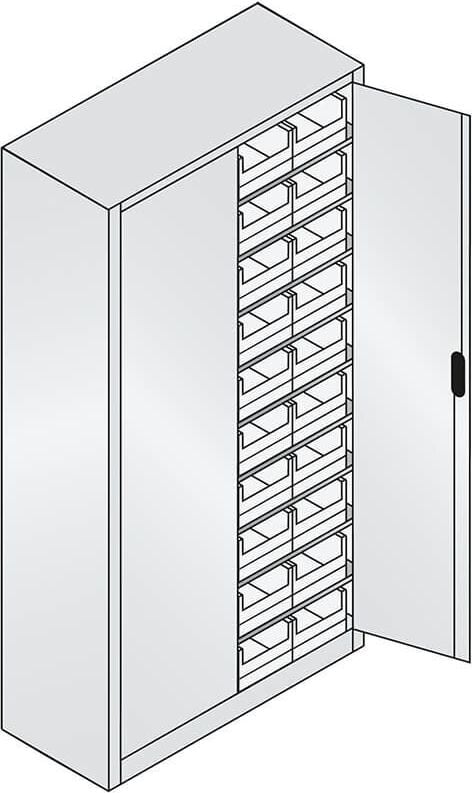 Werkstattschrank CP Serie 13 Magazinschrank 133144-24, 100x198x42cm (BxHxT), 9 Böden,
40 Sichtlagerkästen, 2 Flügeltüren, hellgrau