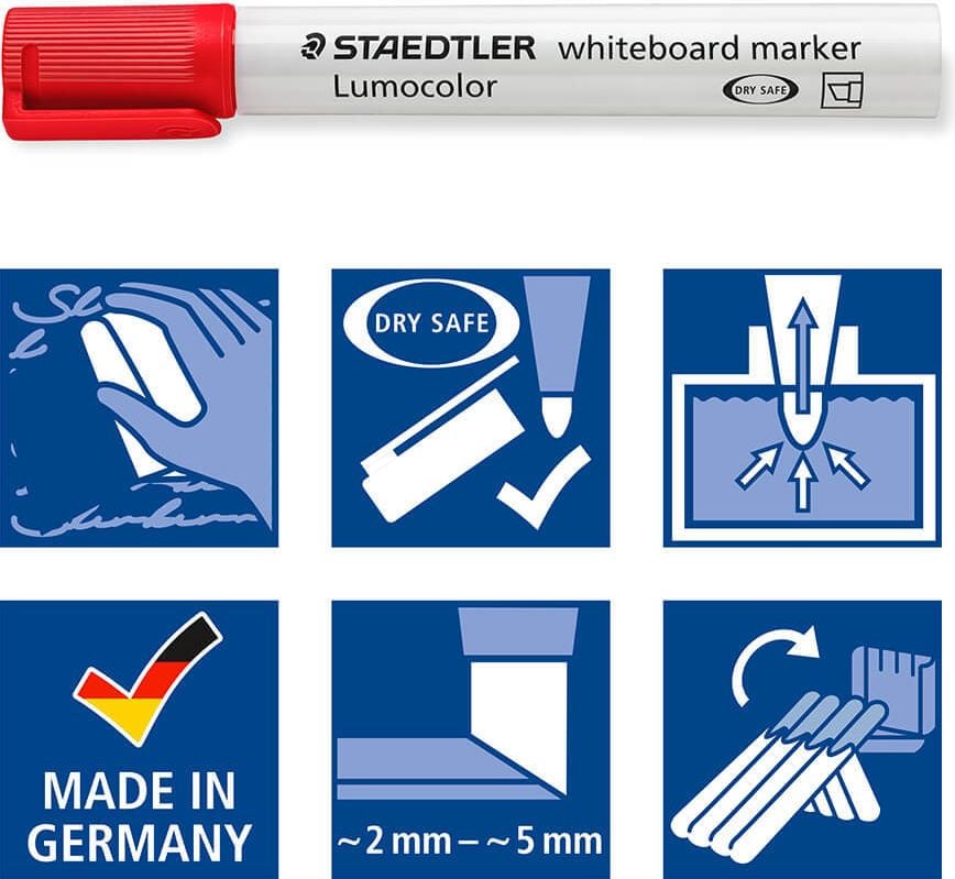 Boardmarker Staedtler Lumocolor whiteboard marker 351B WP4, ca. 2-5mm, Keilspitze, Gehäuse aus 97%
recyceltem Plastik, Etui mit 4 Farben
