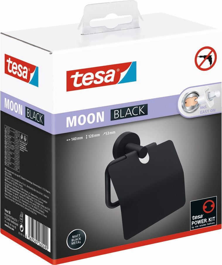 Toilettenpapierhalter Tesa MOON BLACK 40622-00000-00, 14x12,8x5,3cm (BxHxT), für 1 Kleinrolle, mit Abdeckung, pulverbeschichteter Stahl, mattschwarz, schwarz